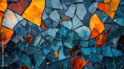 An abstract depiction of a mosaic made from broken glass pieces, forming a unified and beautiful design