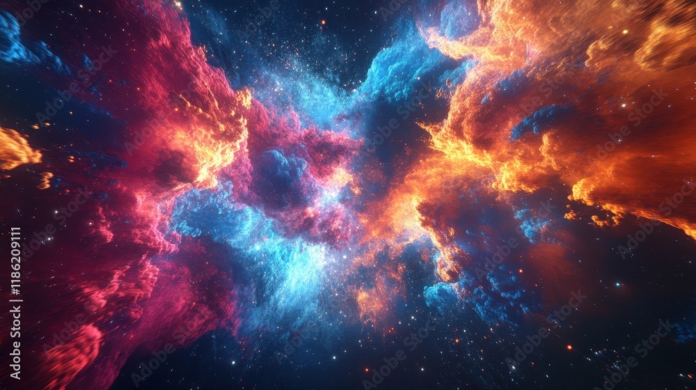 Naklejka premium Cosmic Nebula with Red and Blue Gas Clouds