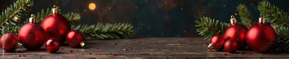 Fototapeta premium Red and gold ornaments placed on a dark wooden table, decorative items, dark background, seasonal decor