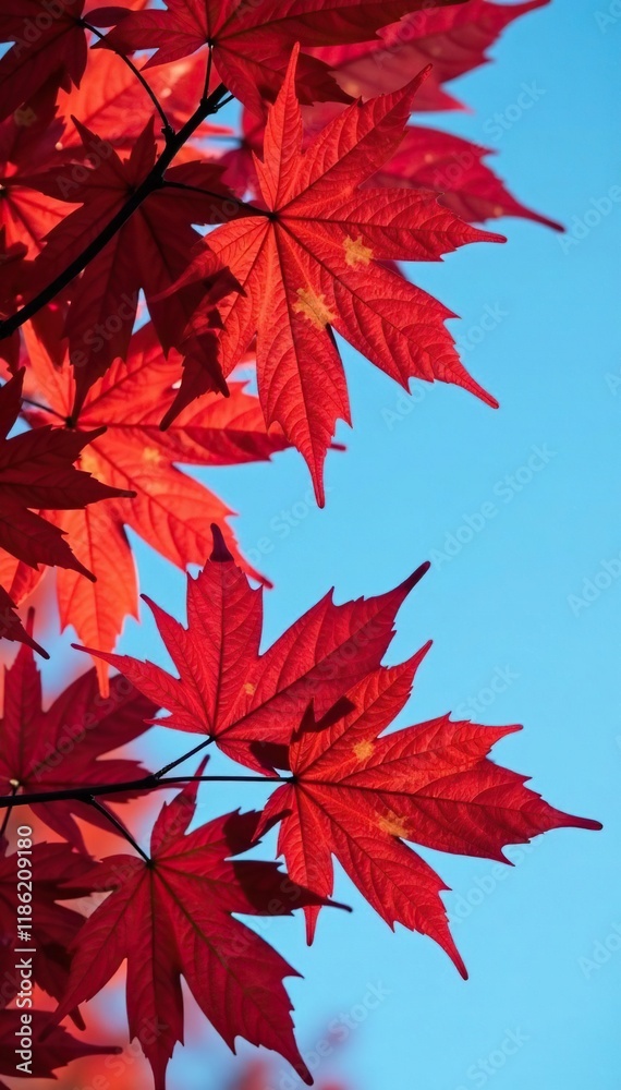 Red maple leaves changing colors against cold blue sky, sky, red, color Red maple leaves changing colors against cold blue sky, sky, red, color