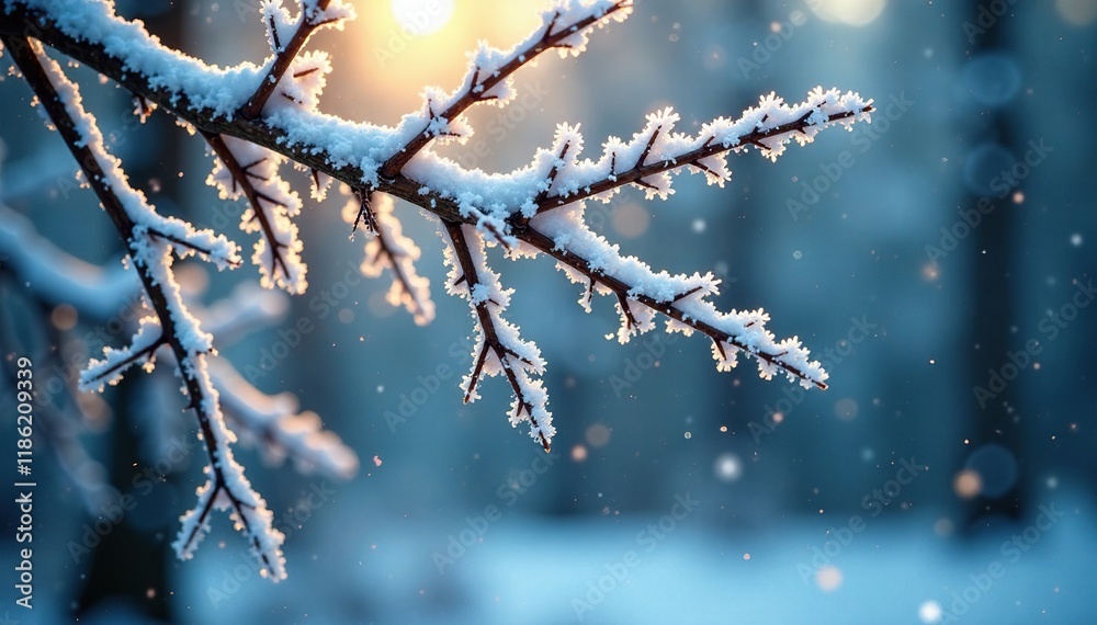 Obraz premium Sparkling snowflakes fall on the branches of a frosty tree, forest, crystal, sparkly