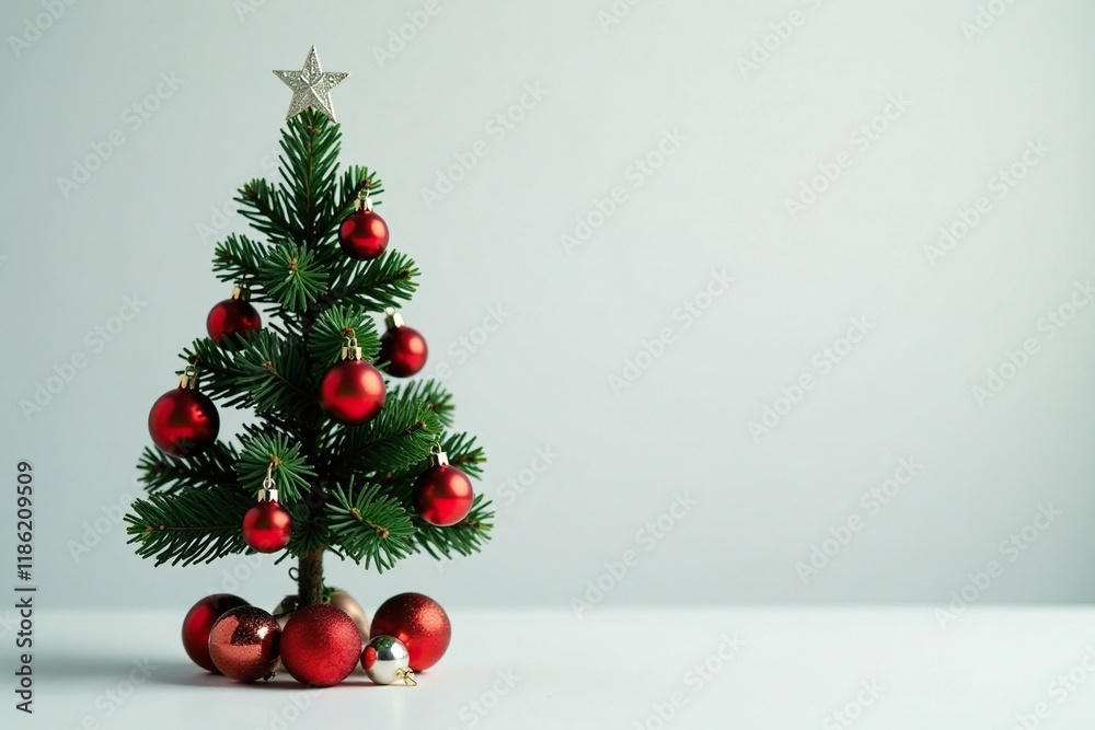 Small evergreen tree dressed in sparkling ornaments and situated on a clean white surface, sparkle, small tree, ornaments Small evergreen tree dressed in sparkling ornaments and situated on a clean white surface, sparkle, small tree, ornaments