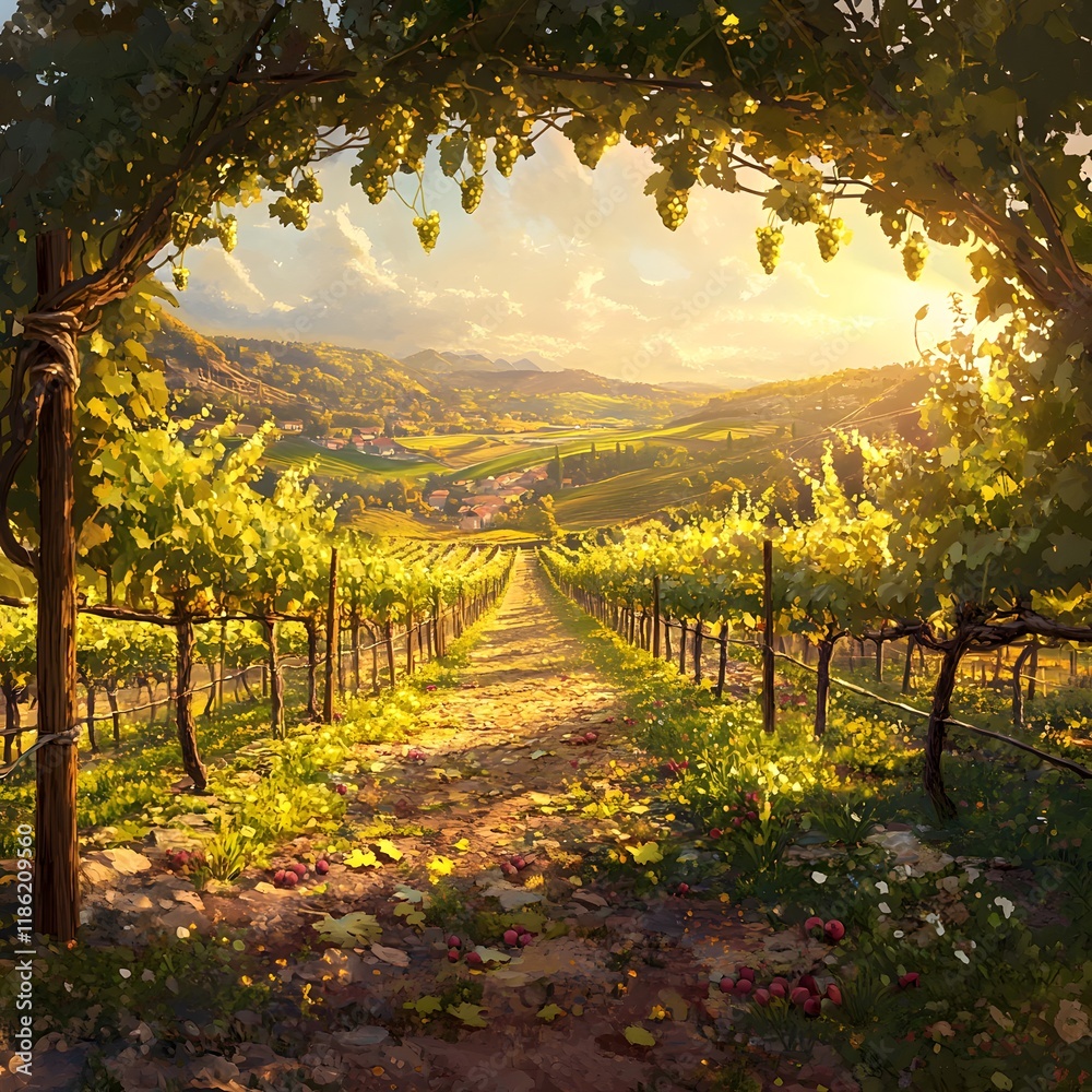 Naklejka premium Lush Vineyard with Rolling Hills and Partly Cloudy Sky