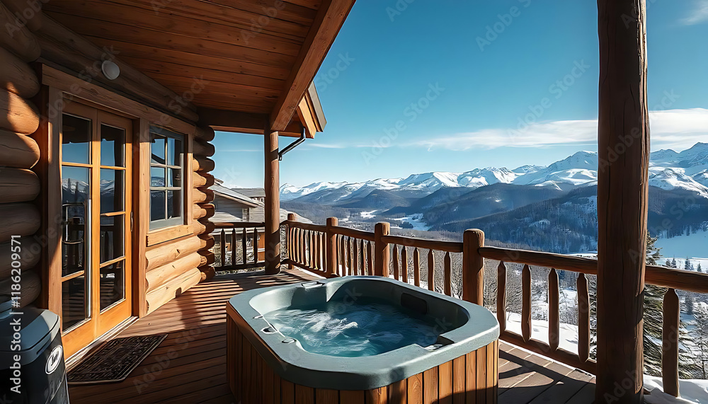 A wooden cabin with hot tub, winter cabin balcony looking out as snow falls, wood cabin with a snowy mountain landscape with a clear blue sky, created with generative ai A wooden cabin with hot tub, winter cabin balcony looking out as snow falls, wood cabin with a snowy mountain landscape with a clear blue sky, created with generative ai