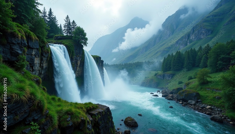 Fototapeta premium Misty waterfall in a misty mountain environment, atmospheric, serenity, landscape