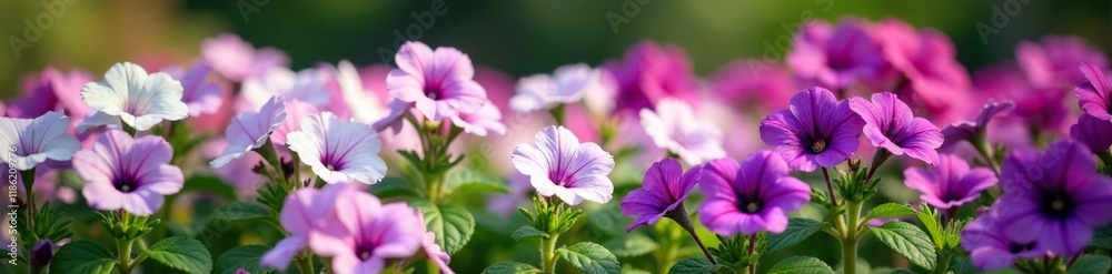 A garden bed filled with purple and white petunias swaying in the breeze, purple, garden landscape, blooms A garden bed filled with purple and white petunias swaying in the breeze, purple, garden landscape, blooms