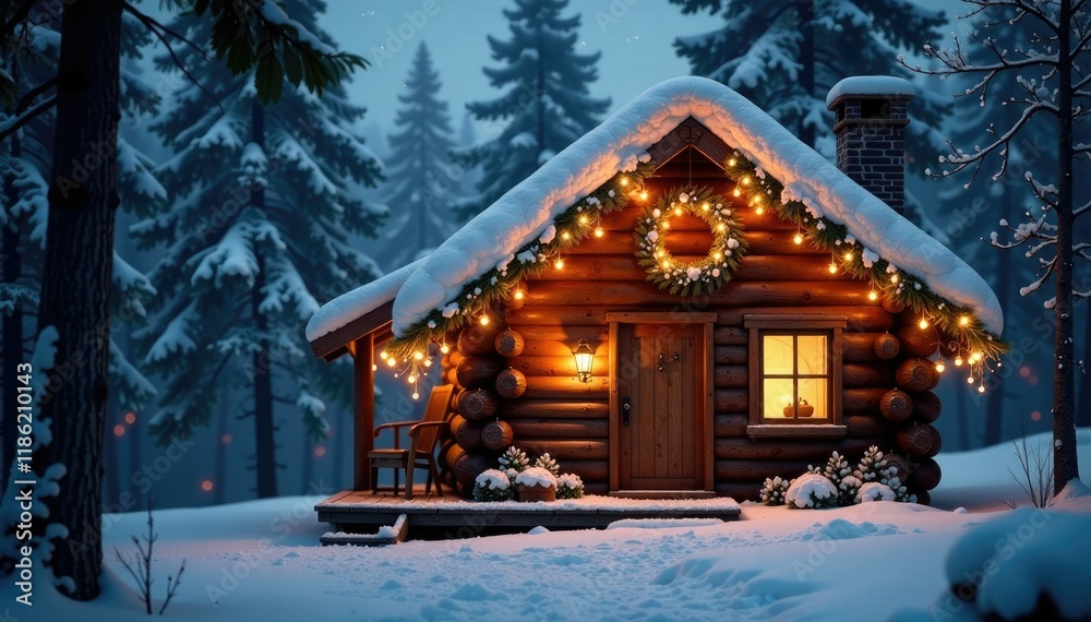 Fototapeta premium The cabin's roof is adorned with a wreath of sparkling evergreen branches, cozy, glowing