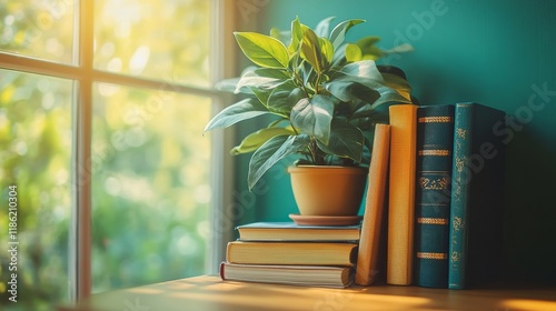 Bright indoor space with plants and an open book on a warm wooden table in th...