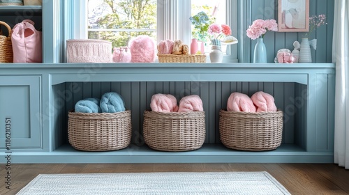 Organized storage solutions in a cozy room with pastel baskets and greenery