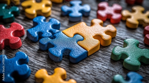 Colorful puzzle pieces on a light blue wooden surface during playtime