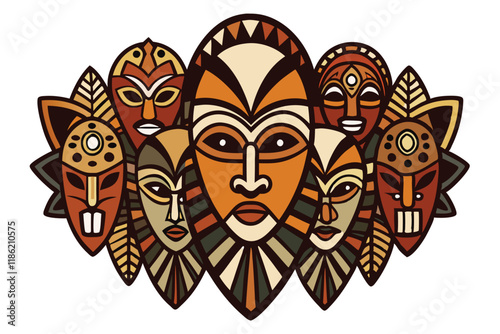 Cluster of African tribal masks featuring intricate designs, vibrant colors, and cultural symbolism celebrating Black History Month
