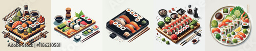 vector set of very delicious sushi dishes