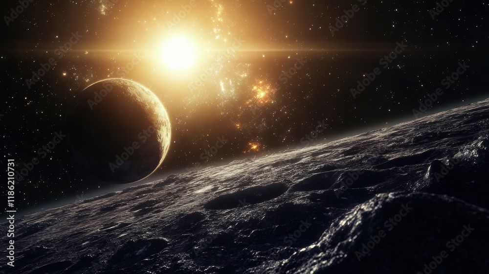 Fototapeta premium A Distant Planet with a Bright Star and a Rocky Surface