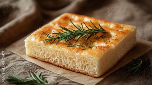 Freshly baked focaccia bread topped with rosemary displayed on a rustic surface