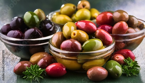 many kinds of olives, AI generated photo
