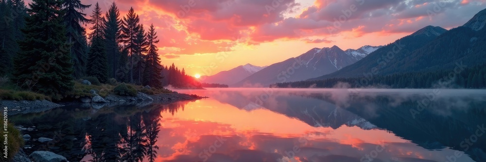 Towering pine trees reflected in calm Muncho Lake waters, sunset, , muncho Towering pine trees reflected in calm Muncho Lake waters, sunset, , muncho