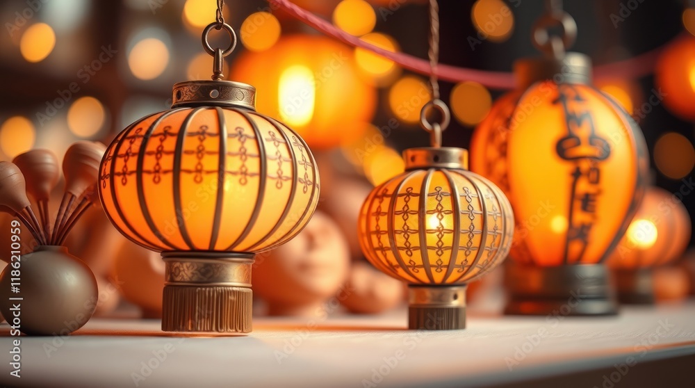 Obraz premium Luxurious Chinese lanterns are prominently displayed, with sharp focus and soft, textured background