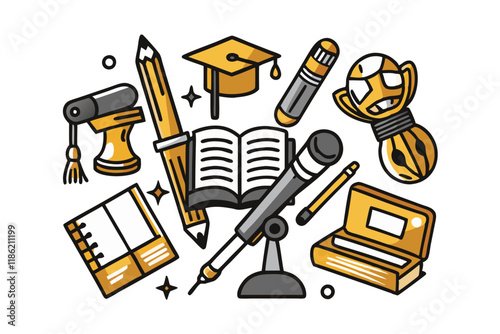 A creative collection of education themed illustrations including books, graduation cap, pens, and globe, celebrating learning and Black History Month