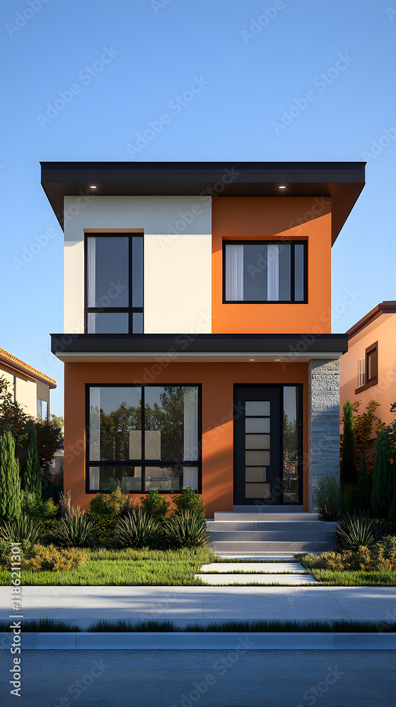 Modern architectural design of a two-story house in a suburban neighborhood with a clear blue sky Modern architectural design of a two-story house in a suburban neighborhood with a clear blue sky