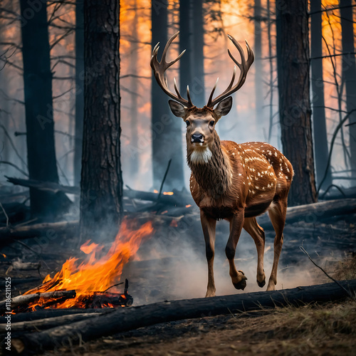 Un ciervo huyendo del fuego en el bosque. photo