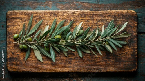 Olive branch resting on rustic wooden board with green olive showcasing natur...