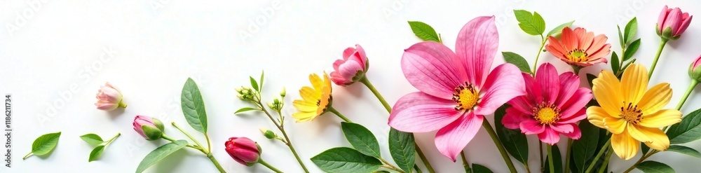 Freshly cut flowers in a bouquet on white background, fresh, greenery, white