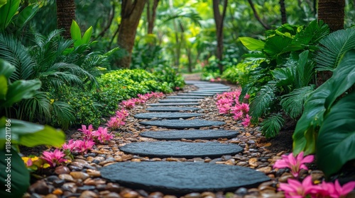 Pathway lined with stones and colorful flowers in a lush green garden after rain
