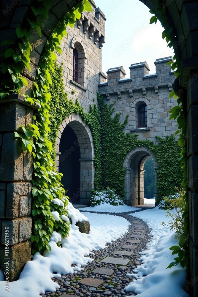 Obraz premium Ivy-covered castle stones with a hint of snow, castle, snow, stone