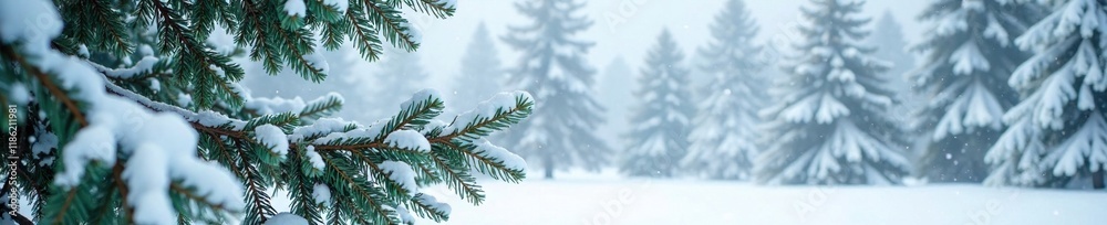 Dense evergreen foliage branches against a backdrop of pristine snow, frosty landscape, peaceful, winter Dense evergreen foliage branches against a backdrop of pristine snow, frosty landscape, peaceful, winter