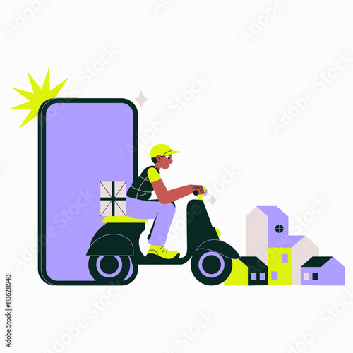 Male Delivery Driver On Scooter Near Smartphone And Houses In Flat Vector Illustration Symbolizing Digital Delivery And Home Service, Isolated On White Background