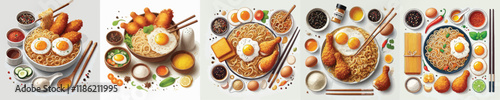 vector set of egg noodle and fried chicken dishes