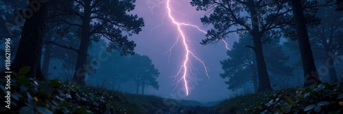 Twin lightning illuminates a dark mysterious forest at dusk, stormyweather, insects photo