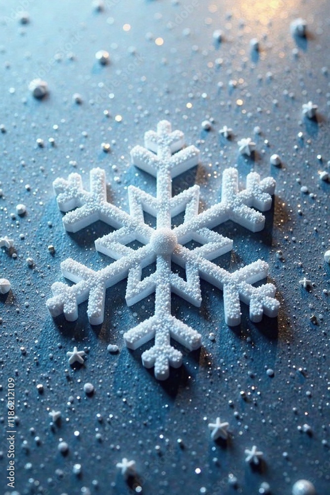 Glittering white snowflake on a metallic surface, glitter, icy Glittering white snowflake on a metallic surface, glitter, icy