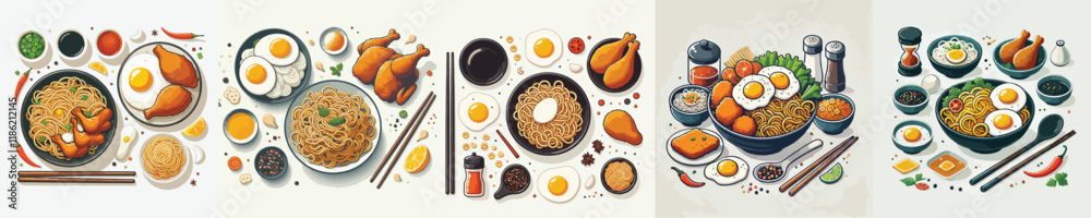 vector set of egg noodle and fried chicken dishes vector set of egg noodle and fried chicken dishes