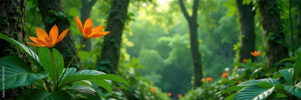 Orange Cascabela thevetia blooms in a lush green forest canopy, bloom, nature, botanical Orange Cascabela thevetia blooms in a lush green forest canopy, bloom, nature, botanical
