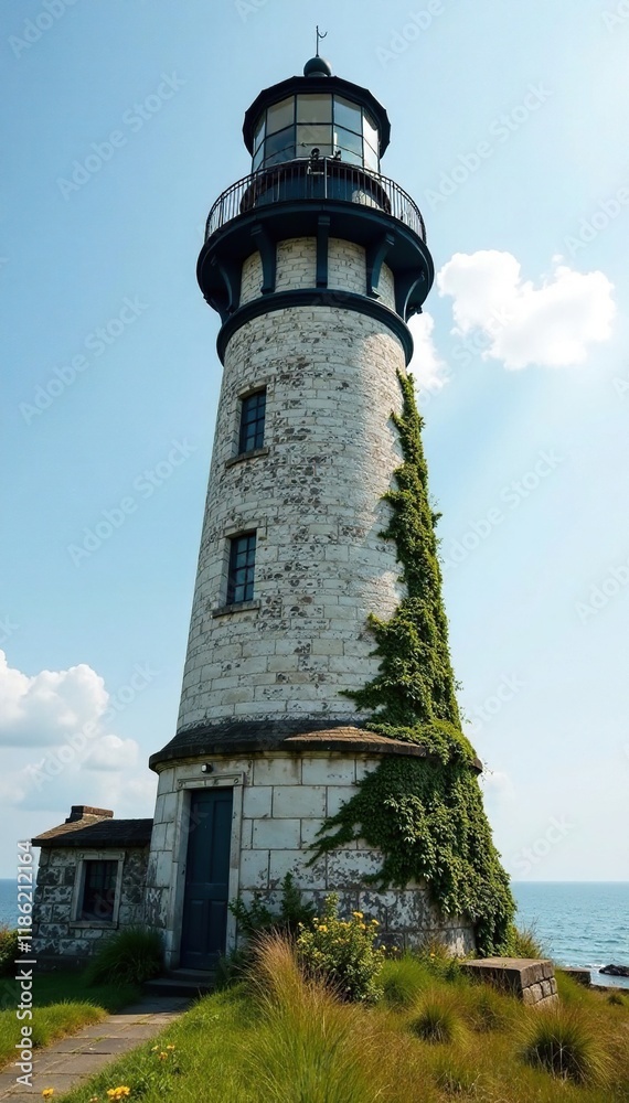 Towering lighthouse with weathered stone walls and vines, mossy, worn, tower Towering lighthouse with weathered stone walls and vines, mossy, worn, tower
