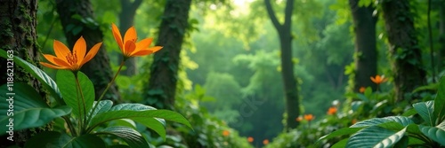 Orange Cascabela thevetia blooms in a lush green forest canopy, bloom, nature, botanical photo