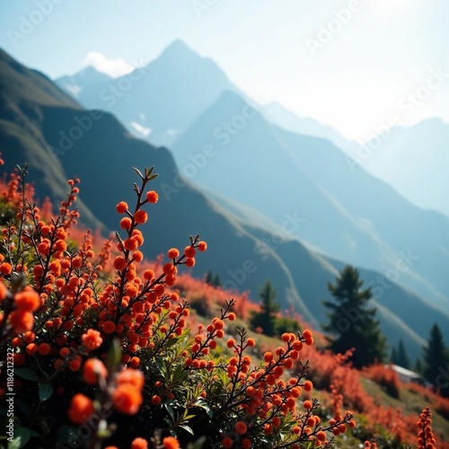 Sea buckthorn bush in the Himalayas with mist and fog, sea buckthorn, scenery, wildflowers
