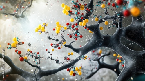 Abstract representation of neural networks and molecules interacting.  Complex, colorful molecular structures interacting with dark, branching neural pathways.  3D illustration of biological processes photo