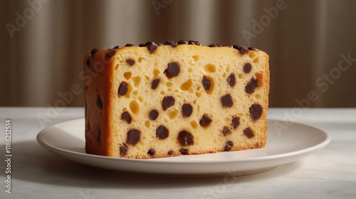 Delicious chocolate chip cake on a plate with a simple background and soft li...