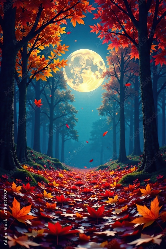 Obraz premium Falling leaves create a colorful carpet under the full moon, foliage, forest, full moon