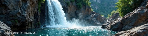 Water cascades down rocky cliffs into shimmering pool, rocky cliff, streamy, sparkle photo