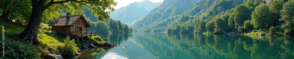 A small wooden hut nestled among trees and bushes near a serene lake, secluded, natural A small wooden hut nestled among trees and bushes near a serene lake, secluded, natural