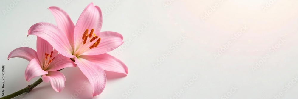Naklejka premium Delicate pink lily blooms on pristine white surface, pure, delicate