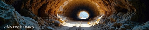 Ancient passageway beneath vast stone formations, underground tunnel, stone formation, rock cave photo