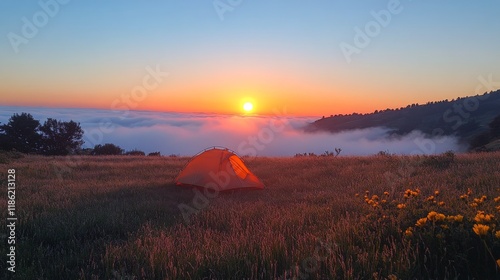 Stunning sunset over misty valley with a camping site and colorful sky at dusk