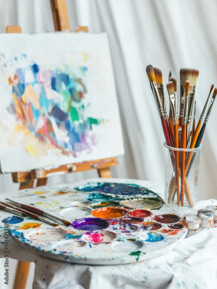 Obraz premium Colorful artistic workspace featuring a paint palette, brushes, and easel for expression and creativity. Generative AI