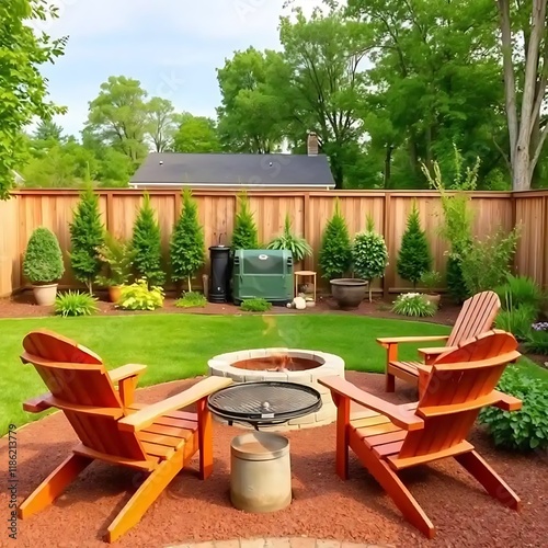 Backyard Oasis Featuring Fire Pit and Adirondack Chairs