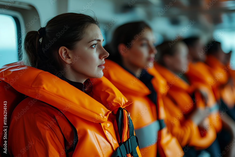 Passengers Wearing Life Jackets on Cruise Ship, maritime adventure voyage, deck life vests group