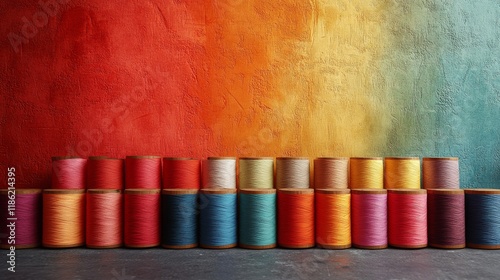 Colorful spools of thread arranged in a row on a green background for craftin...